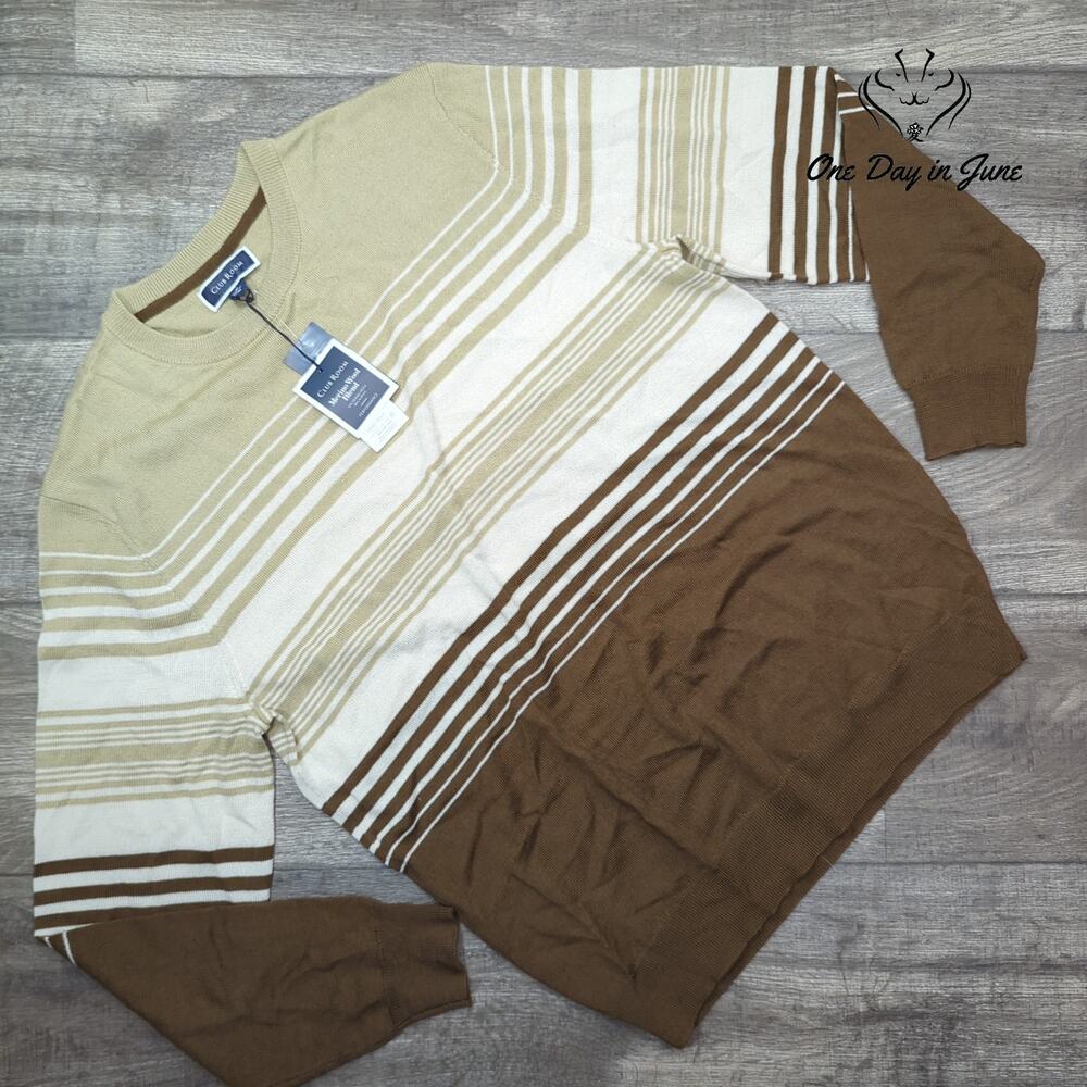 Club Room Merino Wool Blend Striped Crewneck Sweater Brown Tan NWT Size M